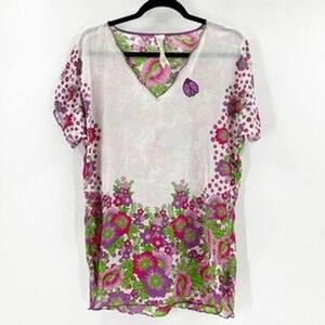 Taka Floral Print V Neck Tunic Top Womens XS Purple Pink Green White